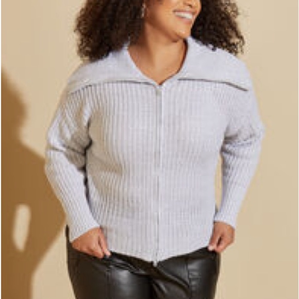 New ASHLEY STEWART Two Way Zip Ribbed Sweater Heather Grey Gray Size-1X